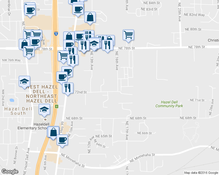 map of restaurants, bars, coffee shops, grocery stores, and more near 7216 Northeast 16th Avenue in Vancouver
