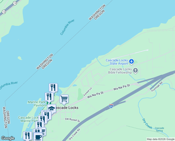 map of restaurants, bars, coffee shops, grocery stores, and more near 115 Northeast Riverview Drive in Cascade Locks