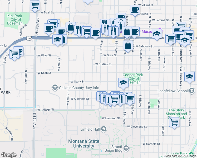 map of restaurants, bars, coffee shops, grocery stores, and more near 409 South 11th Avenue in Bozeman