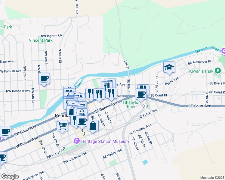map of restaurants, bars, coffee shops, grocery stores, and more near 524 Southeast Byers Avenue in Pendleton
