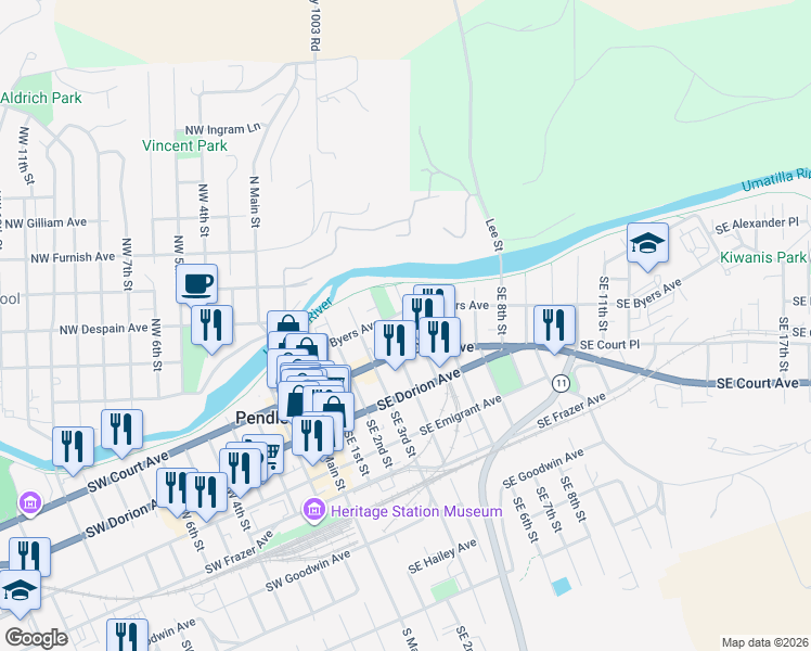 map of restaurants, bars, coffee shops, grocery stores, and more near 46 Southeast 5th Street in Pendleton