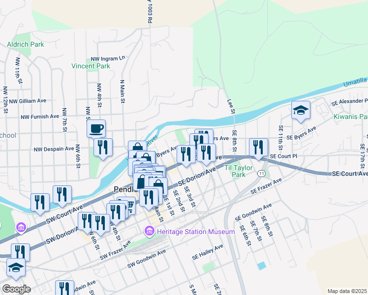 map of restaurants, bars, coffee shops, grocery stores, and more near 46 Southeast 5th Street in Pendleton