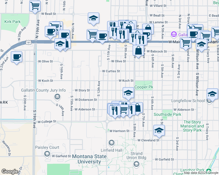 map of restaurants, bars, coffee shops, grocery stores, and more near 418 South 11th Avenue in Bozeman
