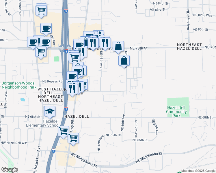 map of restaurants, bars, coffee shops, grocery stores, and more near 7211 Northeast 13th Avenue in Vancouver