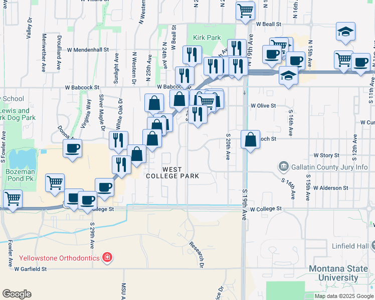 map of restaurants, bars, coffee shops, grocery stores, and more near 2299 West Koch Street in Bozeman