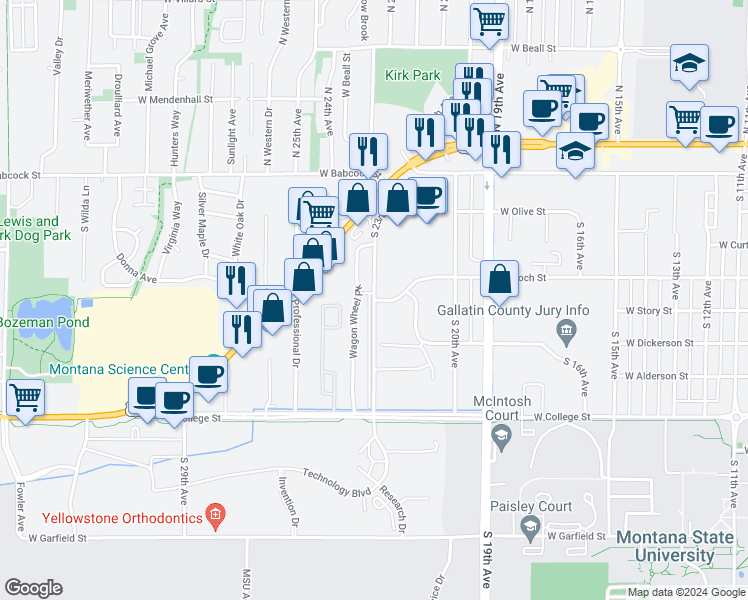 map of restaurants, bars, coffee shops, grocery stores, and more near South 23rd Avenue in Bozeman