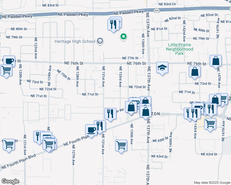 map of restaurants, bars, coffee shops, grocery stores, and more near 7114 Northeast 133rd Avenue in Vancouver