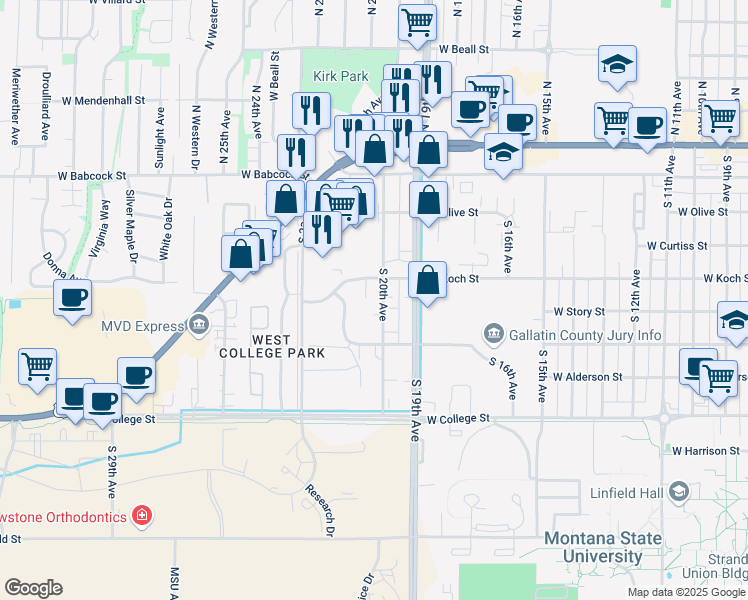 map of restaurants, bars, coffee shops, grocery stores, and more near 409 South 20th Avenue in Bozeman
