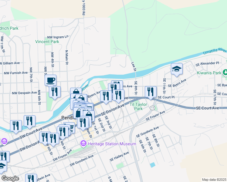 map of restaurants, bars, coffee shops, grocery stores, and more near 104 Southeast 5th Street in Pendleton