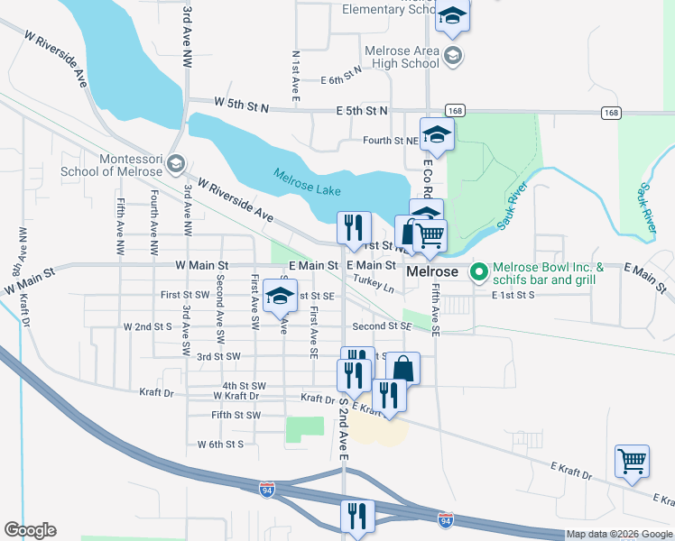 map of restaurants, bars, coffee shops, grocery stores, and more near 116 East Main Street in Melrose