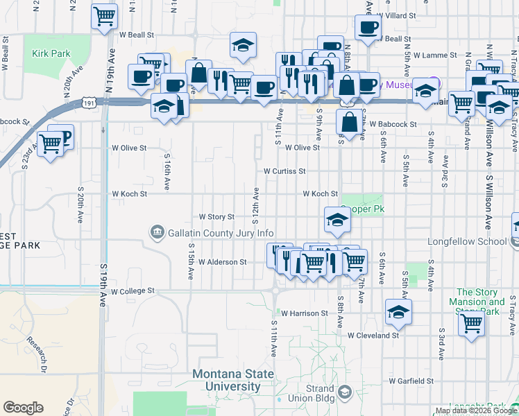 map of restaurants, bars, coffee shops, grocery stores, and more near 409 South 11th Avenue in Bozeman