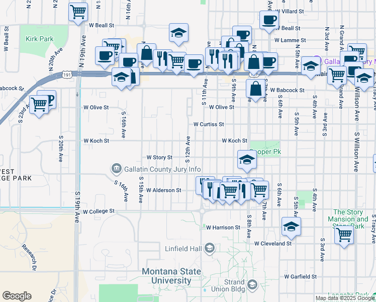 map of restaurants, bars, coffee shops, grocery stores, and more near 409 South 11th Avenue in Bozeman