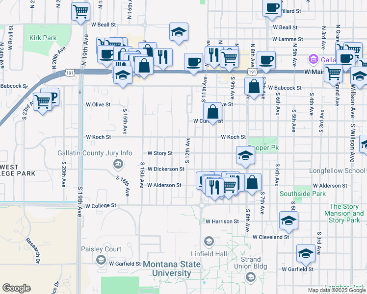 map of restaurants, bars, coffee shops, grocery stores, and more near 408 South 13th Avenue in Bozeman