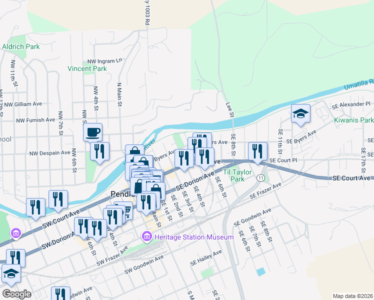 map of restaurants, bars, coffee shops, grocery stores, and more near 46 Southeast 5th Street in Pendleton