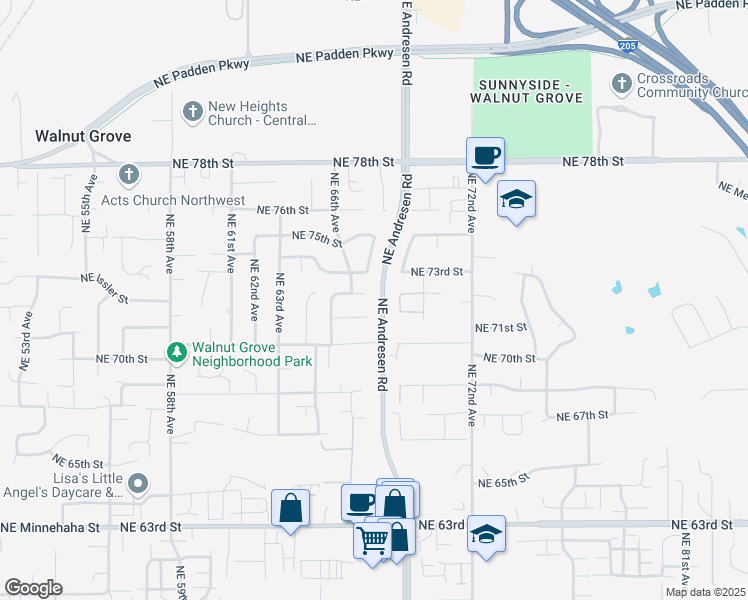 map of restaurants, bars, coffee shops, grocery stores, and more near 6608 Northeast 73rd Circle in Vancouver