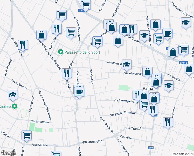map of restaurants, bars, coffee shops, grocery stores, and more near 44 Via Vicenza in Paìna