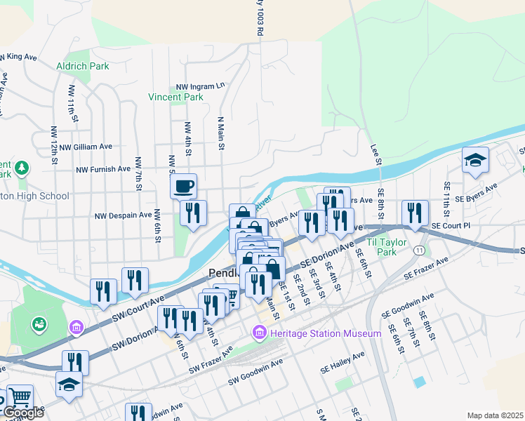 map of restaurants, bars, coffee shops, grocery stores, and more near 15 Southeast 2nd Street in Pendleton