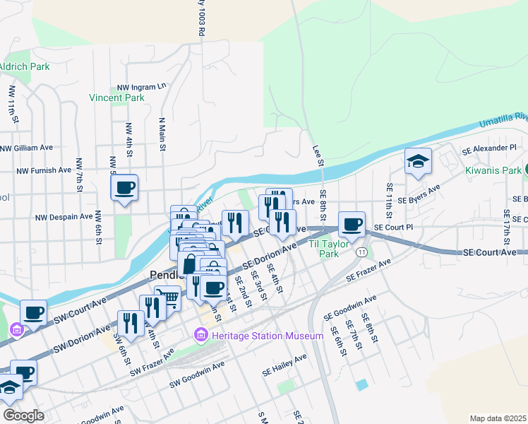 map of restaurants, bars, coffee shops, grocery stores, and more near 104 Southeast 5th Street in Pendleton