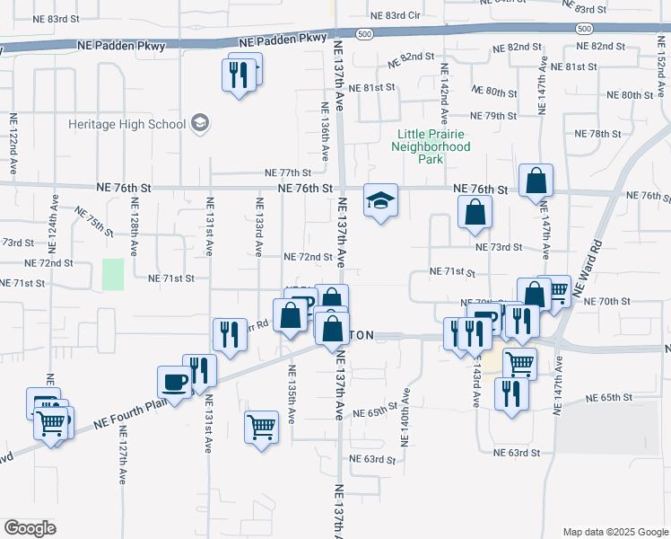 map of restaurants, bars, coffee shops, grocery stores, and more near 7114 Northeast 137th Avenue in Vancouver