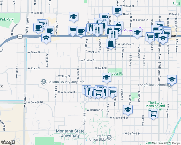 map of restaurants, bars, coffee shops, grocery stores, and more near 407 South 10th Avenue in Bozeman