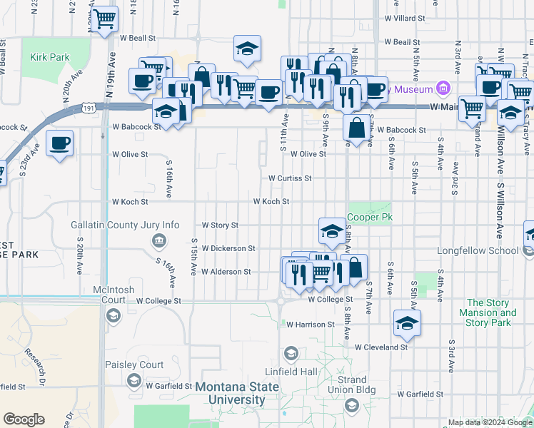 map of restaurants, bars, coffee shops, grocery stores, and more near 409 South 11th Avenue in Bozeman