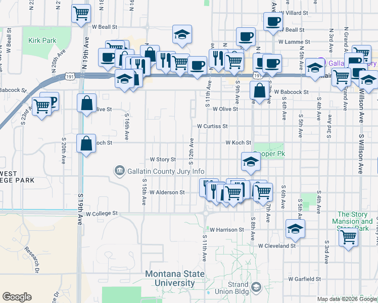 map of restaurants, bars, coffee shops, grocery stores, and more near 408 South 13th Avenue in Bozeman