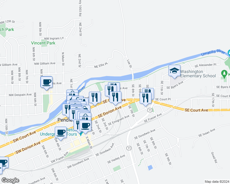 map of restaurants, bars, coffee shops, grocery stores, and more near 524 Southeast Byers Avenue in Pendleton