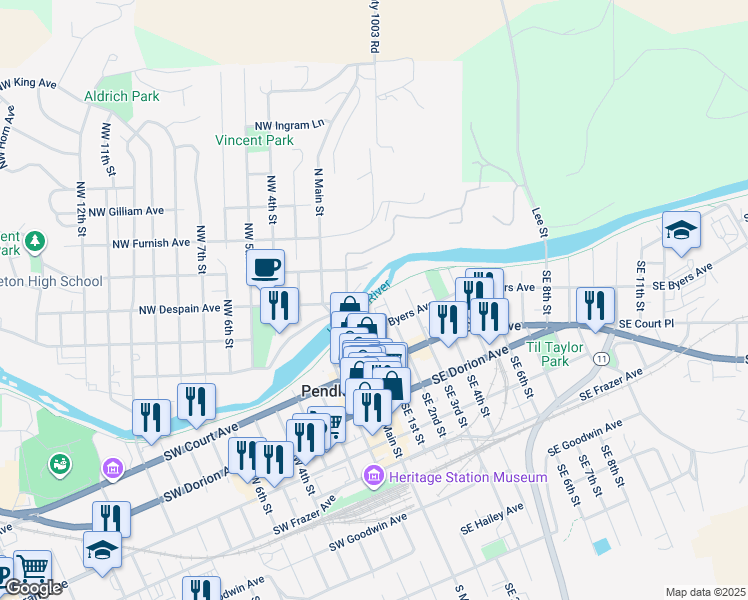 map of restaurants, bars, coffee shops, grocery stores, and more near 15 Southeast 2nd Street in Pendleton