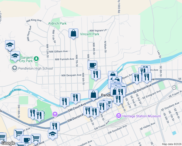map of restaurants, bars, coffee shops, grocery stores, and more near 309 Northwest 5th Street in Pendleton