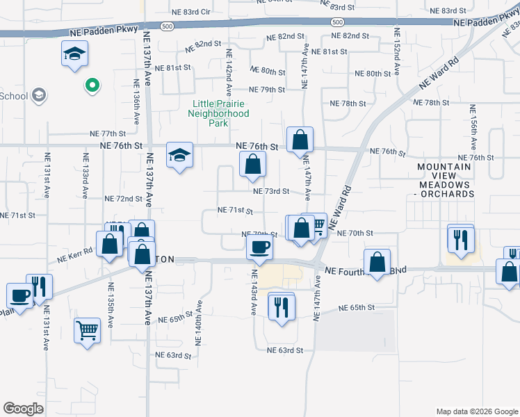 map of restaurants, bars, coffee shops, grocery stores, and more near 7114 Northeast 144th Avenue in Vancouver