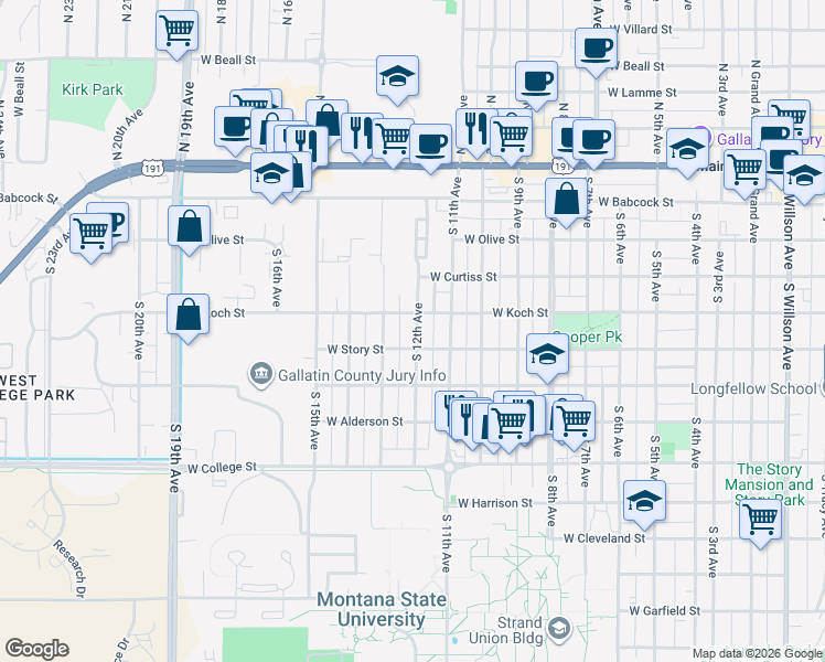 map of restaurants, bars, coffee shops, grocery stores, and more near 408 South 13th Avenue in Bozeman