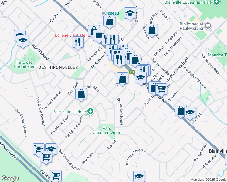 map of restaurants, bars, coffee shops, grocery stores, and more near 22 76 Avenue O in Blainville