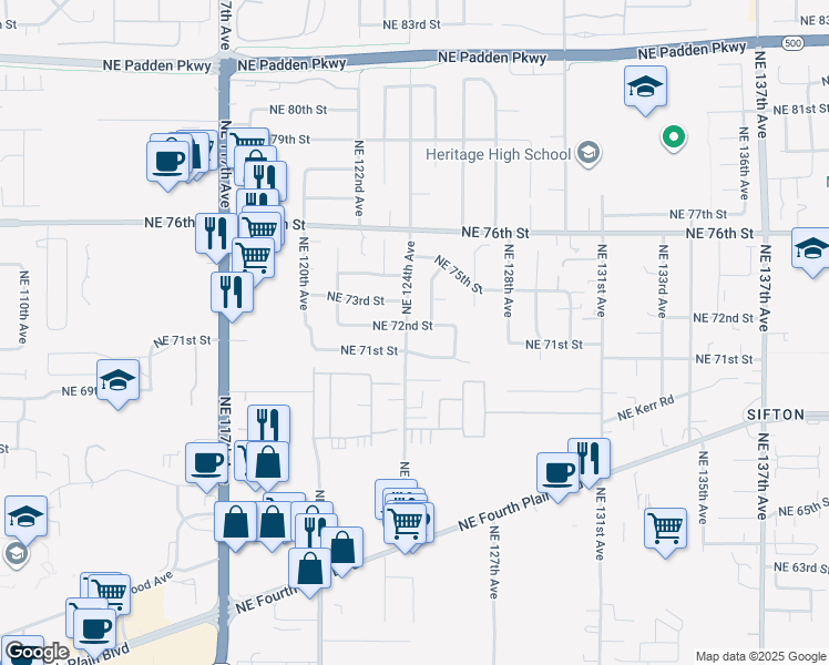 map of restaurants, bars, coffee shops, grocery stores, and more near 12403 Northeast 72nd Street in Vancouver
