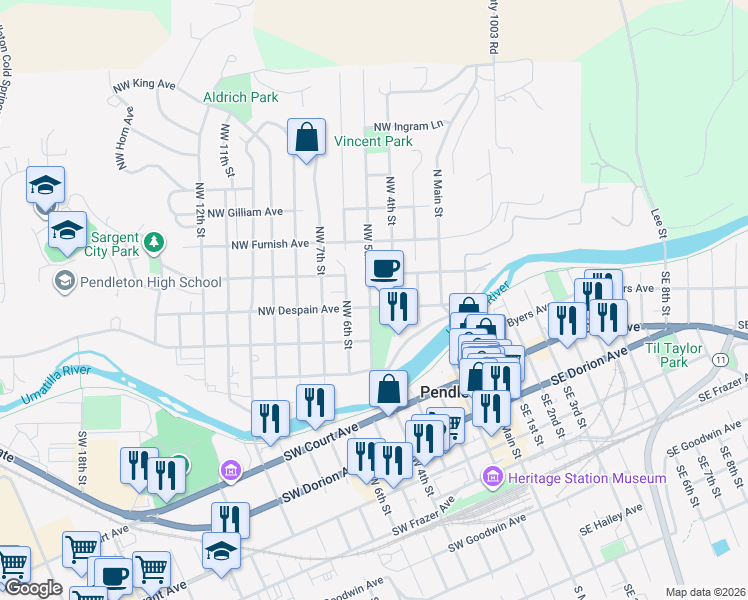 map of restaurants, bars, coffee shops, grocery stores, and more near 309 Northwest 5th Street in Pendleton