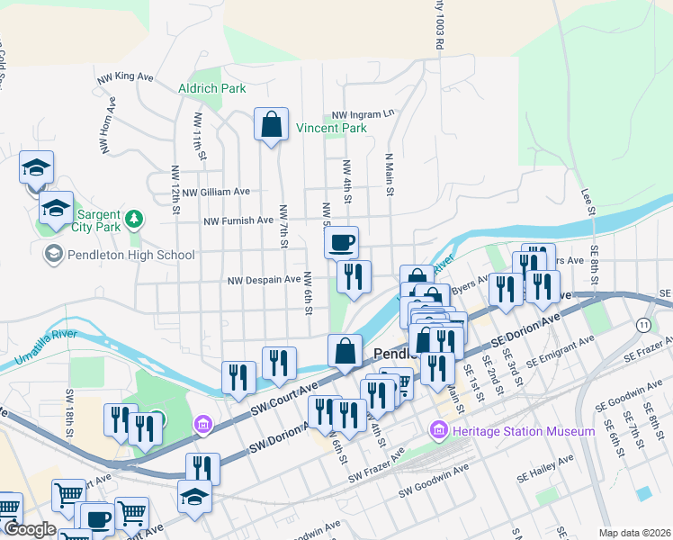 map of restaurants, bars, coffee shops, grocery stores, and more near 309 Northwest 5th Street in Pendleton