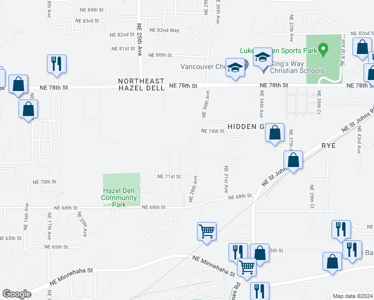 map of restaurants, bars, coffee shops, grocery stores, and more near 2708 Northeast 72nd Circle in Vancouver