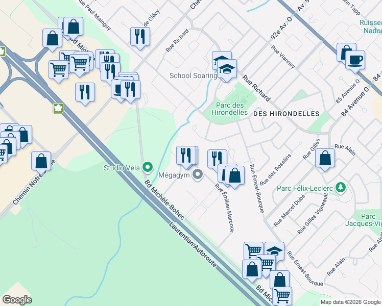 map of restaurants, bars, coffee shops, grocery stores, and more near 100 Rue Émilien Marcoux in Blainville