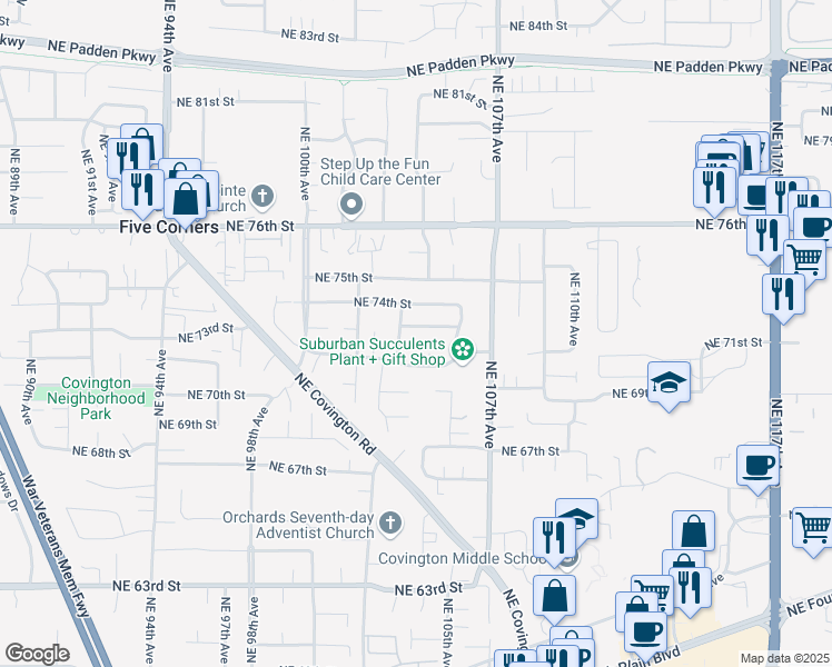 map of restaurants, bars, coffee shops, grocery stores, and more near 10309 Northeast 73rd Street in Vancouver