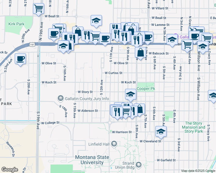 map of restaurants, bars, coffee shops, grocery stores, and more near 409 South 11th Avenue in Bozeman