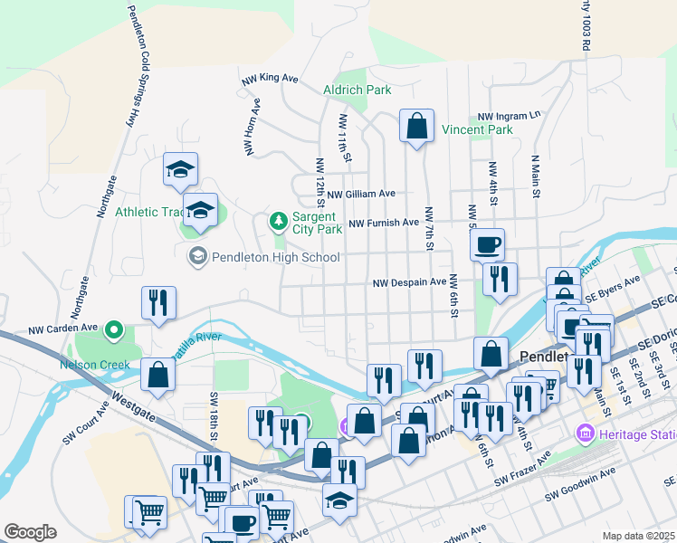 map of restaurants, bars, coffee shops, grocery stores, and more near 309 Northwest 11th Street in Pendleton