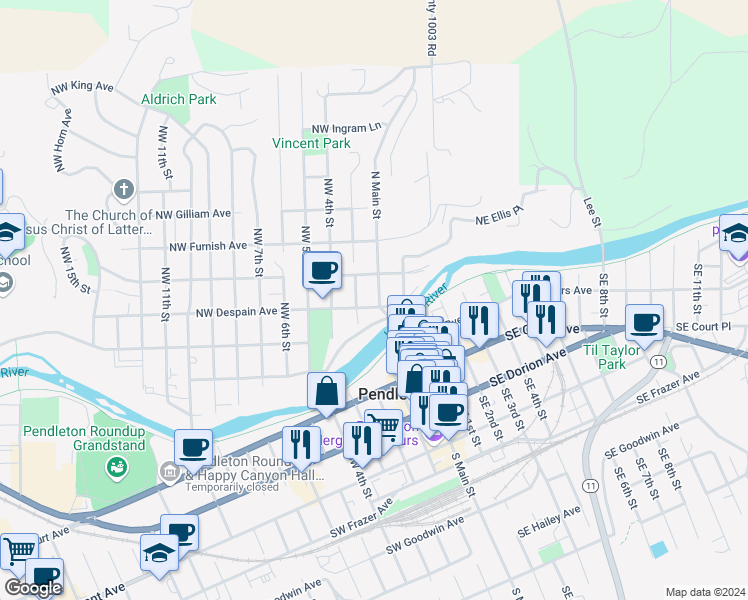 map of restaurants, bars, coffee shops, grocery stores, and more near 203 Northwest Despain Avenue in Pendleton