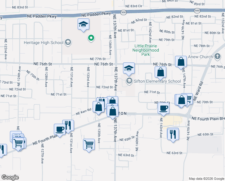 map of restaurants, bars, coffee shops, grocery stores, and more near 7114 Northeast 137th Avenue in Vancouver