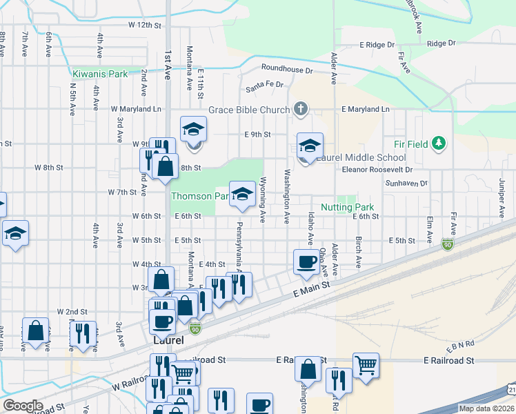map of restaurants, bars, coffee shops, grocery stores, and more near 401-499 East 6th Street in Laurel