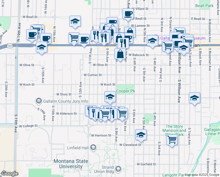 map of restaurants, bars, coffee shops, grocery stores, and more near 403 South 9th Avenue in Bozeman