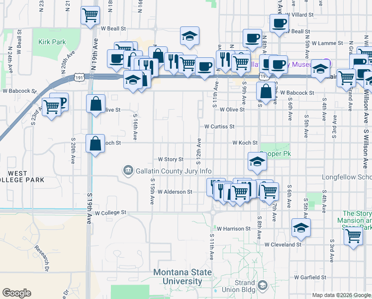 map of restaurants, bars, coffee shops, grocery stores, and more near 408 South 13th Avenue in Bozeman