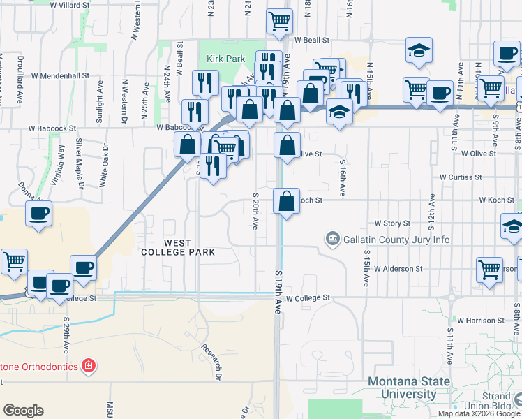 map of restaurants, bars, coffee shops, grocery stores, and more near 1902 West Koch Street in Bozeman