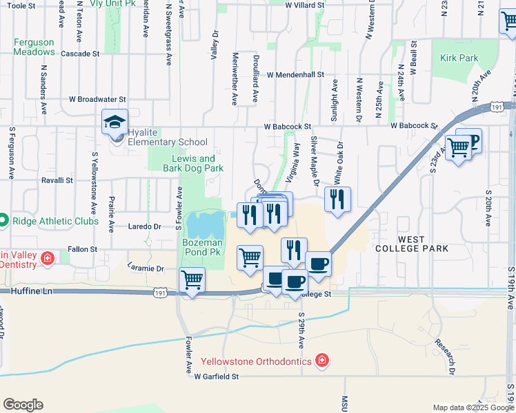 map of restaurants, bars, coffee shops, grocery stores, and more near 351 Magdalene Way in Bozeman