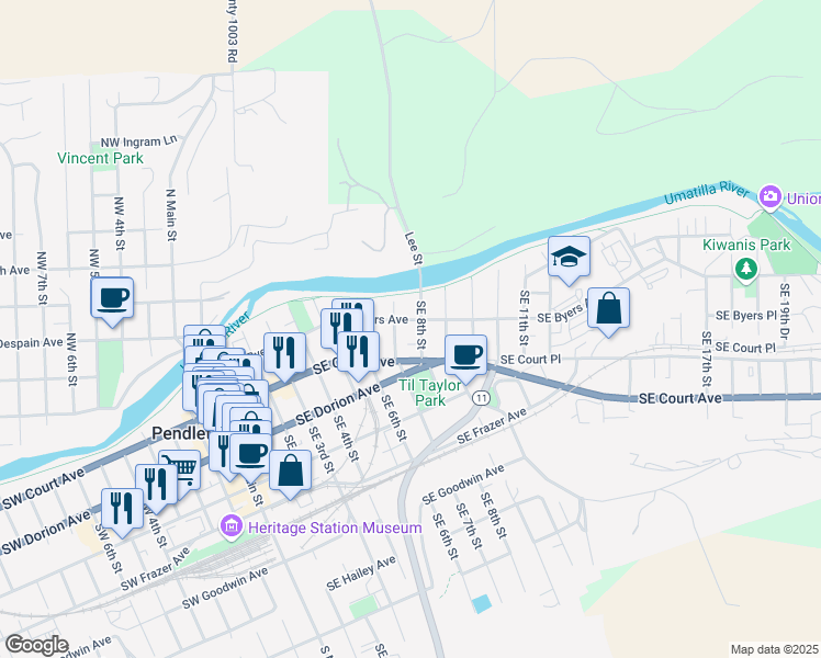 map of restaurants, bars, coffee shops, grocery stores, and more near 702 Southeast Byers Avenue in Pendleton