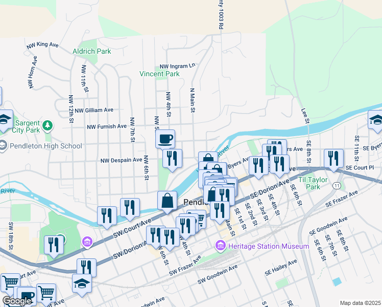 map of restaurants, bars, coffee shops, grocery stores, and more near 203 Northwest Despain Avenue in Pendleton