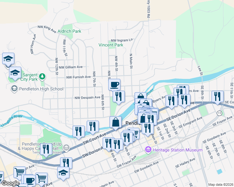map of restaurants, bars, coffee shops, grocery stores, and more near 312 Northwest 4th Street in Pendleton